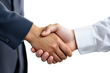 Closeup handshake of two business professionals, one in a dark suit and the other in a white shirt, isolated on a white background. Ai generative
