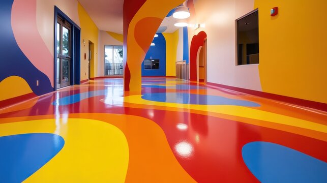 A kid-friendly play area with colorful epoxy flooring, showcasing vibrant patterns and durable surfaces