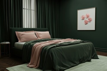 Large bed in emerald bedroom, pink accents, blank wall for art, 3D render.