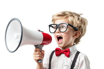 Young boy with glasses and red bow tie shouting into a megaphone, isolated on white background. Concept of communication and leadership. Ai generative