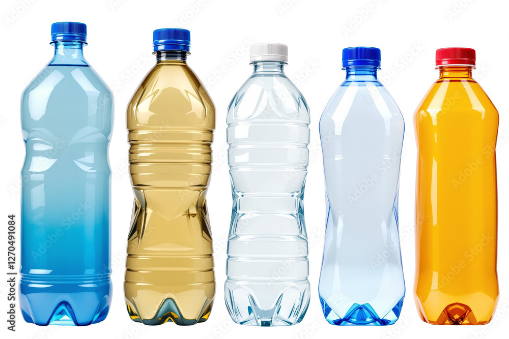 Poster Various plastic bottles in different colors and shapes isolated on white background, clean design element for packaging or product layout. Ai generative