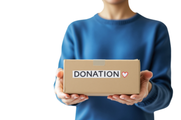 Woman in blue sweater holding a donation box with a heart symbol, isolated on white background. Concept of charity, support, and giving. Ai generative