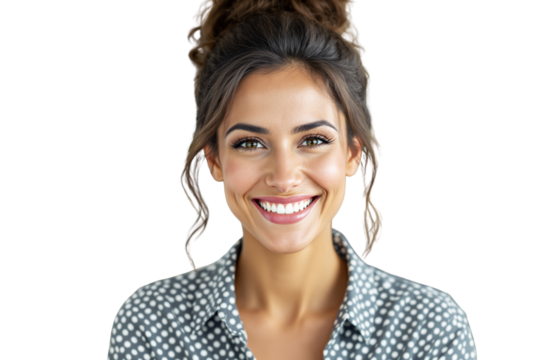 Happy woman with curly hair wearing a polka dot shirt, smiling brightly on a white background. Ai generative