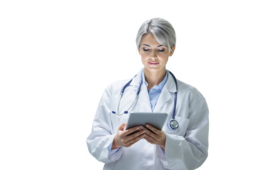 Confident female doctor in white coat with stethoscope using a digital tablet, isolated on white background. Medical and healthcare concept. Ai generative