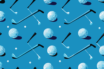 Create a vibrant, repeating seamless pattern featuring realistic golf balls, various golf clubs, and tees, arranged in a dynamic and playful composition.