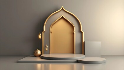 Elegant Islamic-inspired display podium with golden archway and lanterns.