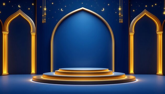 Luxurious Ramadan Showcase: Golden Podium Under Night Sky Arches