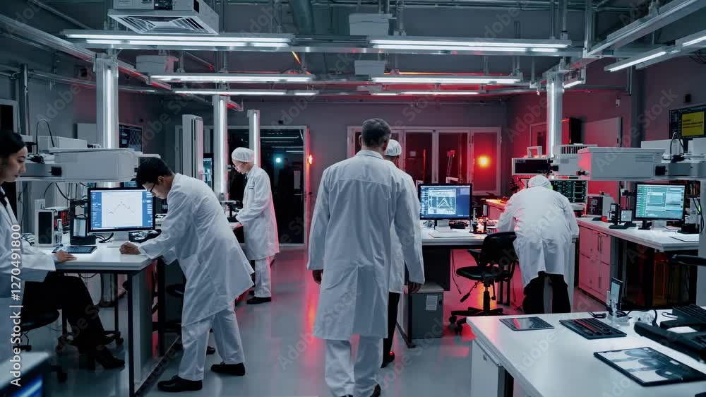 Poster wide-angle shot of a futuristic lab with scientists in white coats working at computers, creating a 