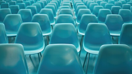 Obraz premium Blue plastic chairs in rows with metal legs on a matching blue background, showcasing repetition and simplicity in design.