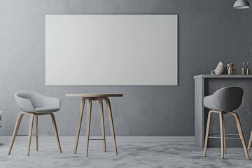 Bar setup in gray minimal room, tall chairs, space for art, 3D modeled.