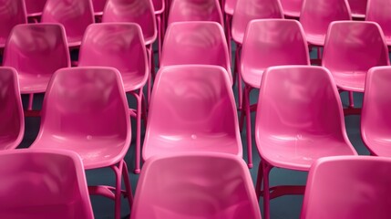 Naklejka premium Pink plastic chairs with metal legs, arranged in rows, demonstrate the repeatability and simplicity of the design.