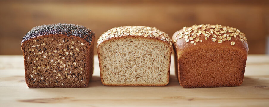 Different kinds of whole grain bread including rye, oat, and multigrain loaves displayed on wooden table, showcasing their unique textures and colors