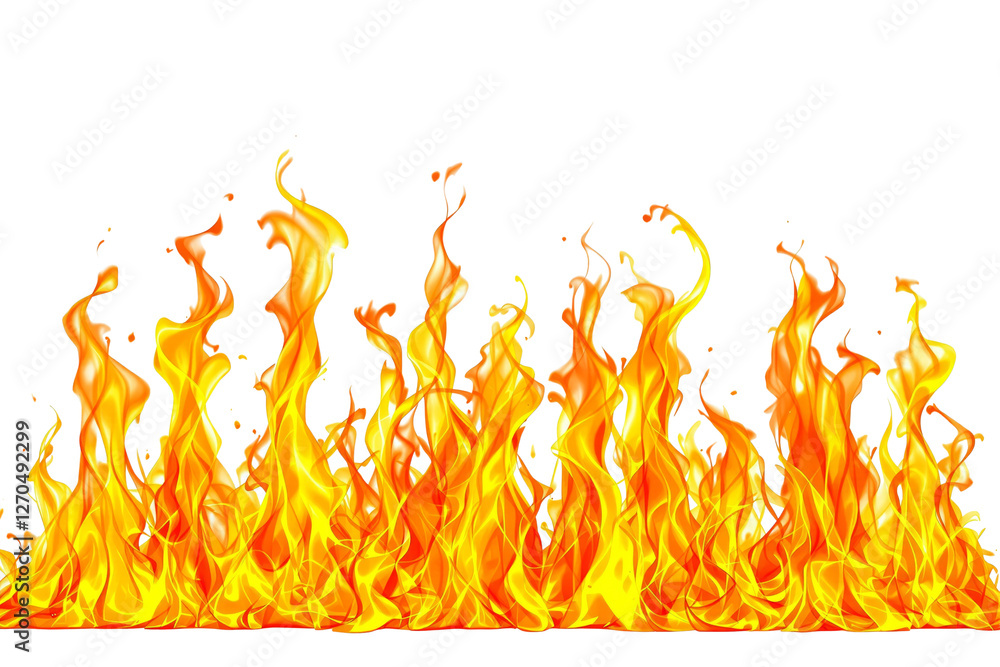 Poster fiery flames with bright orange and yellow tones isolated on a white background, creating a dynamic 
