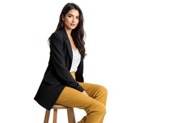 Confident woman in black blazer and yellow striped pants sitting on stool, isolated on white background, concept of business and professionalism. Ai generative
