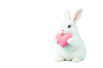 Adorable white rabbit holding a pink heart isolated on a white background, symbolizing love and affection. Ai generative