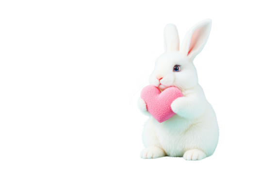 Adorable white rabbit holding a pink heart isolated on a white background, symbolizing love and affection. Ai generative