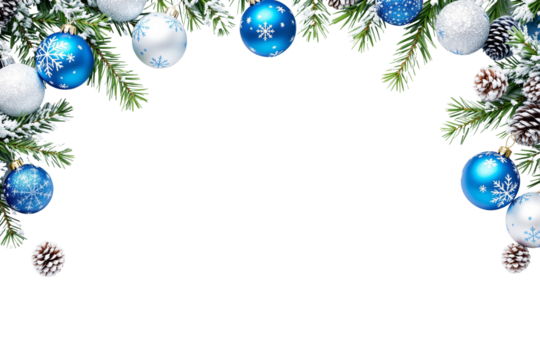 Festive Christmas background with blue and white ornaments, pine branches, and snow-covered pinecones on a white backdrop. Ai generative