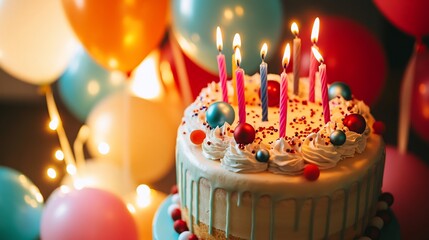Festive birthday cake with lit candles and balloons.