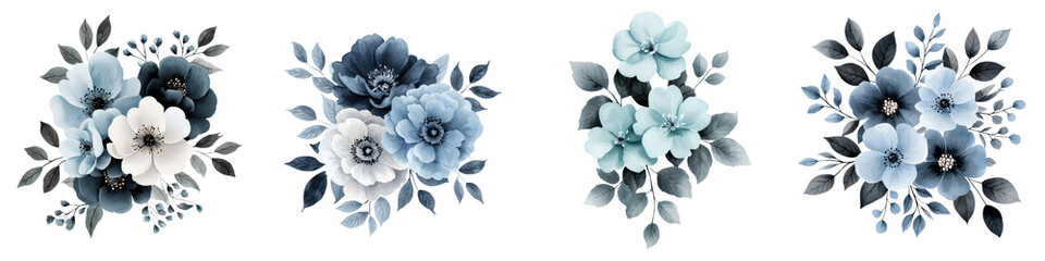 Elegant watercolor floral arrangements featuring a mix of blue and gray tones creating a beautiful modern and serene botanical design