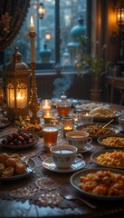 Obraz premium Ramadan feast with various dishes and candles