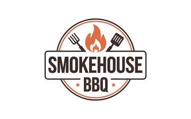 Smokehouse BBQ logo with stylized flame and grilling tools in circular design