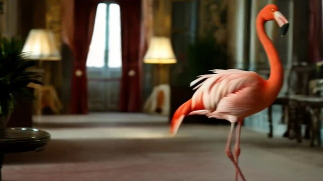 Standing Flamingo in Elegant Room with Vintage Furniture Interior Decor