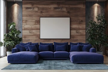 Spacious hall with lavender purple sofa, wood veneer wall, art space, 3D render.