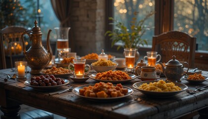 Ramadan feast with various dishes and candles