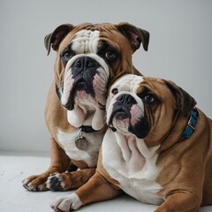 Obraz premium A Bulldog and a Boxer sitting side by side on a white surface.