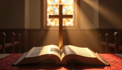 Bible and Wooden Cross Before Stained Glass Window with Streaming Light