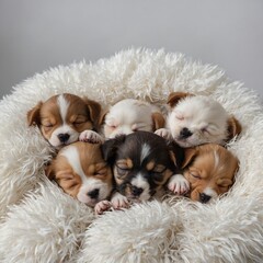 Four small puppies sleeping in a pile on a white background.