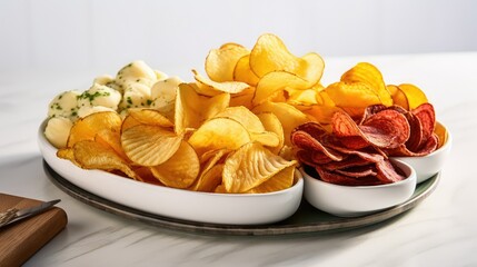 crunchy potato chips on white