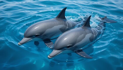 Obraz premium Two adorable dolphins swimming gracefully in crystal-clear turquoise ocean water, showcasing their sleek bodies and playful nature.
