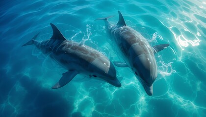 Fototapeta premium Two playful dolphins swimming together in crystal-clear turquoise ocean water, a breathtaking underwater scene showcasing their grace and beauty.