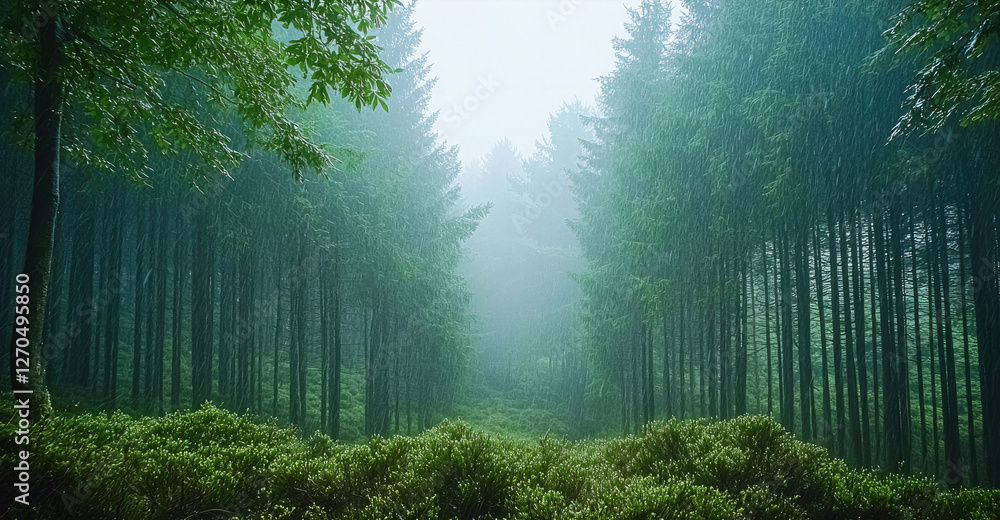 Poster green lush forest with rain lightly coming down creating a mist in the air.