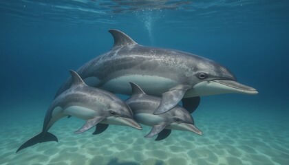 Fototapeta premium Stunning underwater image of a mother dolphin and her two calves swimming gracefully in the ocean