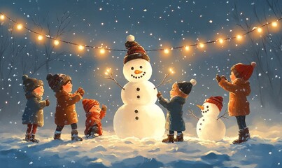 whimsical illustration of children building a snowman family in a snowy field under softly glowing string lights, Generative AI