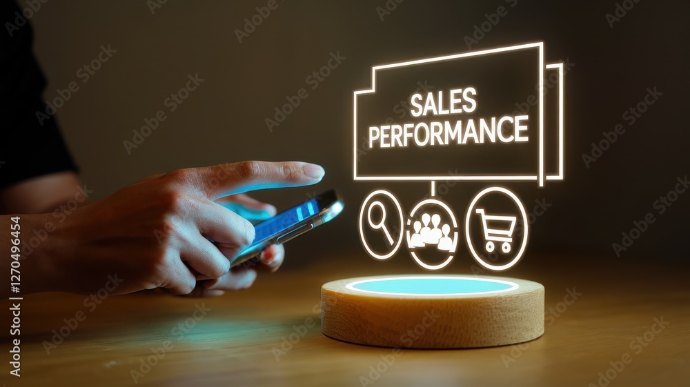 Poster hands holding a mobile phone analyzing sales performance data