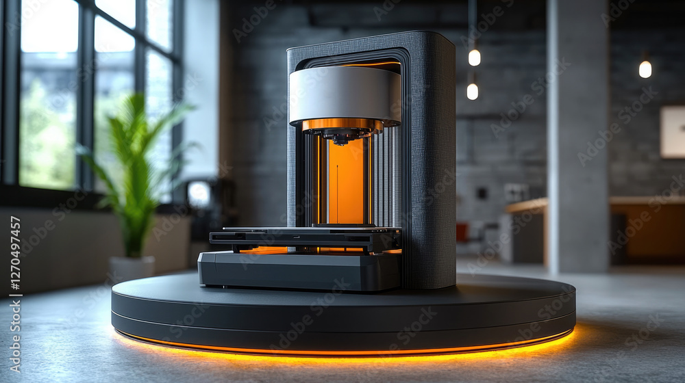 Aufkleber a 3d printer product is placed on a circular platform, with a combination of black and gold colors a