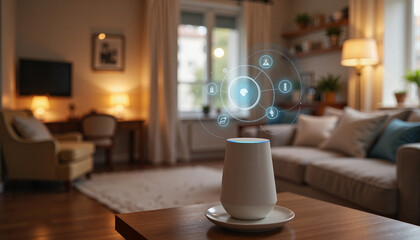 Smart Home Device with Holographic Interface in Living Room