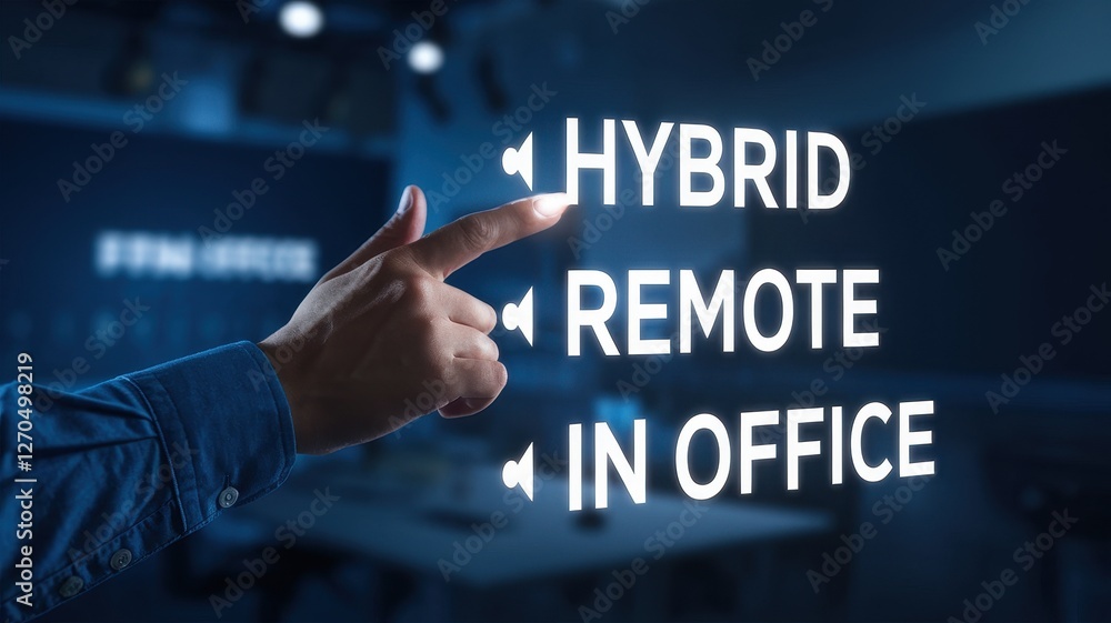 Poster hand selecting hybrid work option from illuminated choices displayed