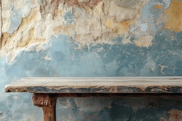 Rustic wood table, aged wall backdrop