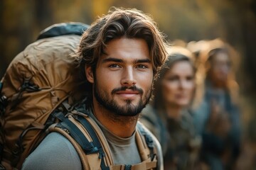 Adventurous Young Man with Backpack Hiking in Forest