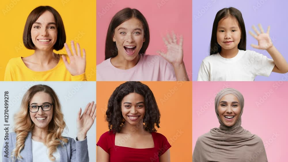 Poster a collection of diverse individuals smiling and waving. they represent various backgrounds and ages,