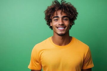 Happy Young Man with Curly Hair Smiling Against Green Background