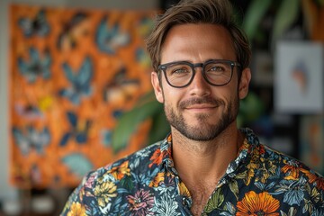 Portrait of a Smiling Man with Glasses Wearing a Floral Shirt