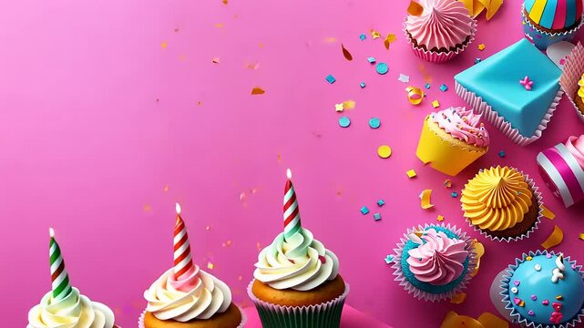 Colorful cupcakes and party decorations on a vibrant pink background for celebrations.