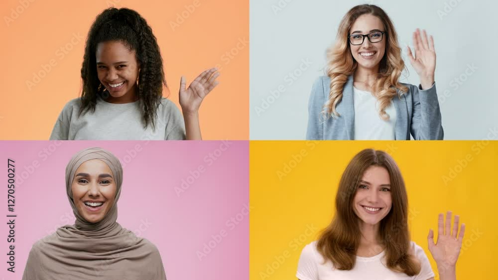 Poster four diverse individuals, each smiling and waving their hands in a friendly gesture. this cheerful c
