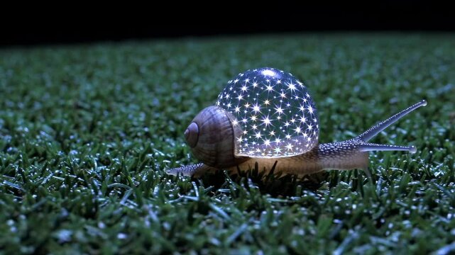 A close-up video shot of a snail with a shell illuminated by star-shaped lights, creating a magical, whimsical atmosphere on a grassy surface.