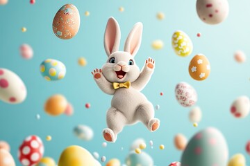 Cute bunny surrounded by colorful Easter eggs. AI generated image